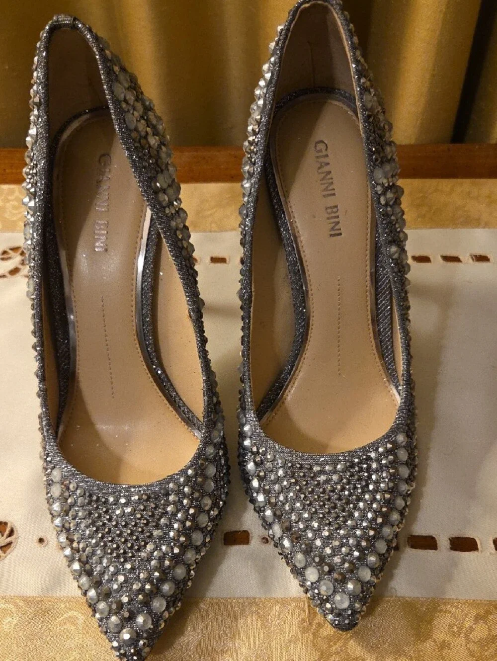 GIANNI BINI- Embellished Silver Crystal Pointed-Toe Pumps W/ Black Heel